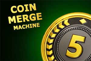 Złota moneta z cyfrą 5 na zielonym tle obok napisu „Coin Merge Machine