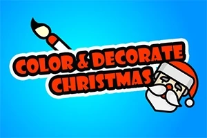 Kolorowy napis Color & Decorate Christmas z pędzlem i rysunkiem świętego Mikołaja na niebieskim tle