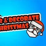 Kolorowy napis Color & Decorate Christmas z pędzlem i rysunkiem świętego Mikołaja na niebieskim tle