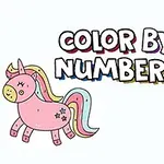 Rysunek tęczowego jednorożca i uśmiechniętej gruszki obok napisu Color by Numbers