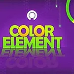 Fioletowe tło z kolorowym napisem Color Element, obok pojawiającego się kółka z gwiazdką i ikoną ręki wskazującą na żółty element