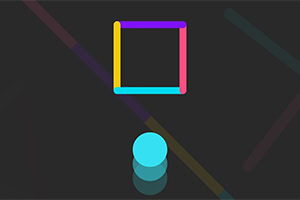 Kolorowy kwadrat z różnobarwnymi bokami i niebieską kulą na tle ciemnym