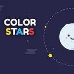 Szczęśliwy księżyc z okrążającymi go kolorowymi planetami na tle z napisem COLOR STARS