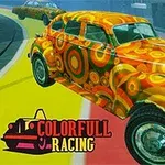 Kolorowy samochód z psychodelicznymi wzorami jedzie po wielobarwnej drodze, z logo COLORFULL RACING w lewym dolnym rogu
