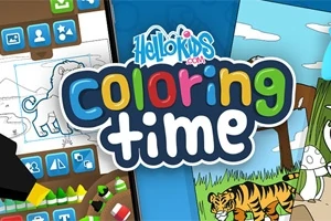Jasno kolorowy napis coloring time otoczony elementami z książek do kolorowania i motywami zwierzęcymi