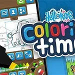 Jasno kolorowy napis coloring time otoczony elementami z książek do kolorowania i motywami zwierzęcymi