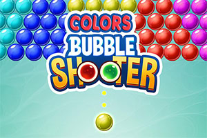 Kolorowe kulki ułożone wokół logo „Colors Bubble Shooter na turkusowym tle z pojedynczą żółtą kulką na dole