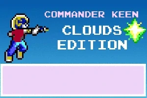 Postać w pikselowej grafice celująca w prawo z napisem Commander Keen Clouds Edition na niebieskim tle