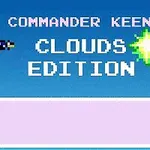 Postać w pikselowej grafice celująca w prawo z napisem Commander Keen Clouds Edition na niebieskim tle