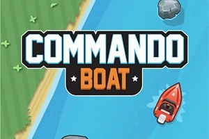Czerwony motorówka płynie po błękitnej rzece z widocznymi głazami i trawą, a nad tym znajduje się duży napis „Commando Boat”