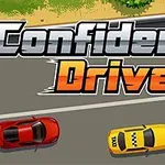 Tekst Confident Driver nad dwoma samochodami na drodze, z czerwonym samochodem i żółtą taksówką