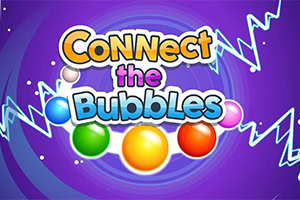 Kolorowy napis „Connect the Bubbles z błyszczącymi kulami na fioletowym, spiralnym tle z jasnymi zygzakami