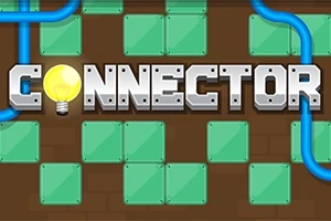 Napis Connector z żarówką jako literą O na tle zielonych płytek i niebieskich rur
