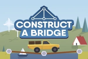 Żółta ciężarówka na mostku nad wodą z tekstem „Construct a Bridge” na tle pagórkowatego krajobrazu z domkiem i drzewami