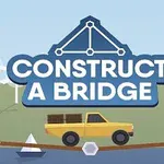 Żółta ciężarówka na mostku nad wodą z tekstem „Construct a Bridge” na tle pagórkowatego krajobrazu z domkiem i drzewami