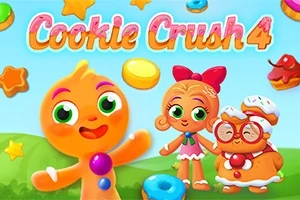 Ciasteczkowe postacie w kolorowym i cukierkowym tle z napisem Cookie Crush 4