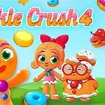 Ciasteczkowe postacie w kolorowym i cukierkowym tle z napisem Cookie Crush 4