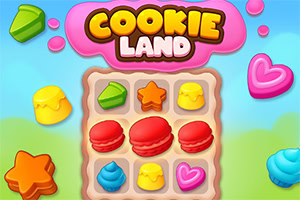 Kolorowe ciastka i kształty cukierków na planszy z napisem Cookie Land na różowym tle