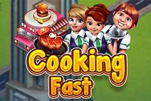Trzy animowane postacie w strojach kucharskich z daniem na tle różowego food trucka i napisem Cooking Fast w centralnej części