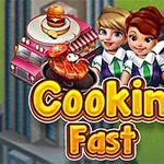 Trzy animowane postacie w strojach kucharskich z daniem na tle różowego food trucka i napisem Cooking Fast w centralnej części