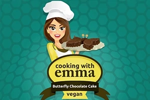 Kobieta w kucharskiej czapce trzymająca talerz z czekoladowymi ciastkami w kształcie motyla, z logo cooking with emma na zielonym tle