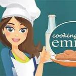 Kobieta w stroju kucharskim z talerzem ciastek na tle przyborów kuchennych i składników