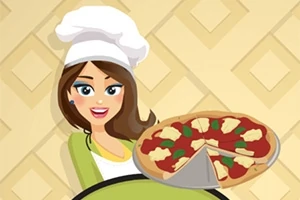 Kobieta w białej czapce kucharskiej trzymająca pizzę z pomidorami, bazylią i serem na żółtym tle