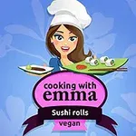 Kobieta w białym czepku kucharskim trzymająca talerz z sushi na tle niebieskich kwiatów oraz napis „cooking with emma” i „sushi rolls vegan”