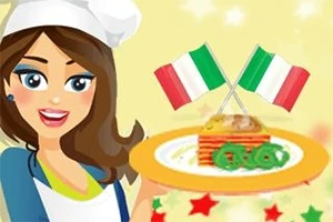 Kobieta w czapce kucharskiej trzyma talerz z lasagne, w tle dwie flagi Włoch na żółtym tle