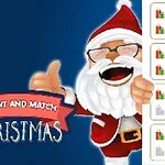Święty Mikołaj z uśmiechem unosi kciuk, obok znajduje się tekst Count and Match Christmas oraz rząd kolorowych ikon prezentów