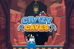 Napisy Crazy Caves z lampą wiszącą u góry i postacią w niebieskim wagoniku na tle czerwonych skał