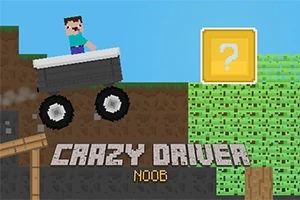 Postać w pikselowym stylu prowadzi pojazd terenowy nad ziemią z tekstem Crazy Driver Noob na dole oraz żółtym blokiem z pytajnikiem na niebieskim tle