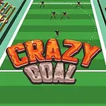 Tekst „Crazy Goal” na zielonym boisku z piłkarzami i trybunami po bokach