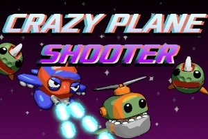 Samolot i helikopter z kreskówkowymi postaciami strzelającymi laserami na tle kosmicznym z tekstem Crazy Plane Shooter