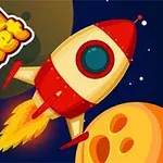 Rakieta w czerwono-żółtych barwach lecąca w przestrzeni kosmicznej obok planety i napis Crazy Rocket