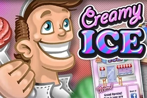 Mężczyzna z uśmiechem trzyma loda na patyku, obok znajduje się napis Creamy Ice oraz ilustracja lodziarni
