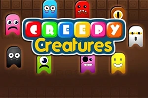 Kolorowe stworki o różnych wyrazach twarzy otaczają napis Creepy Creatures na ciemnym tle
