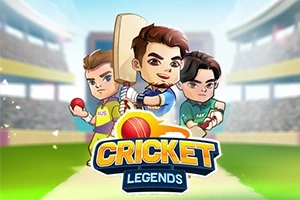 Trzy kreskówkowe postacie graczy krykieta na stadionie, z dużą drewnianą pałką i piłką, na tle napisu Cricket Legends