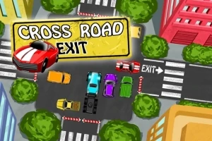 Kolorowe samochody na skrzyżowaniu ulic, otoczone budynkami i drzewami, z napisem CROSS ROAD EXIT