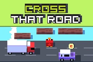 Pikselowa grafika z czerwoną postacią przypominającą kurczaka na drodze, obok kolorowych pojazdów i napisu „Cross That Road”