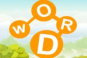 Pomarańczowe litery „W”, „O”, „R”, „D” rozmieszczone na siatce z połączeniami, na tle górskiego pejzażu z niebem i chmurami