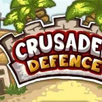 Napis CRUSADER DEFENCE na tle murów zamku z palmami w tle