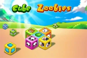 Kolorowe klocki z wizerunkami zwierząt na tle słonecznego krajobrazu z logo Cube Zoobies