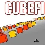 Pomarańczowe i żółte sześciany na szarej drodze z trójkątnym kształtem na dole oraz tekstem CUBEFIELD u góry