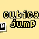 Żółte tło z czarnymi pikselowymi literami tworzącymi napis cubical jump oraz obrazkami dwóch białych kwadratów z czarnymi wzorami