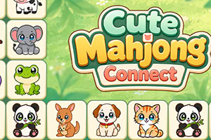 Logo „Cute Mahjong Connect na zielonym tle z kafelkami przedstawiającymi urocze zwierzęta, m