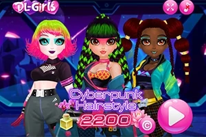 Trzy postacie w stylu cyberpunk z kolorowymi włosami i futurystycznymi strojami na tle neonowych świateł