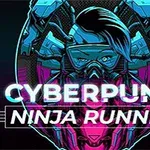 Ilustracja w stylu cyberpunk przedstawiająca postać w masce i futurystycznych okularach, z napisem Cyberpunk Ninja Runner