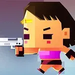 Pixelowa postać w ruchu z ciemnymi włosami, ubrana w różowy top i ciemne spodenki, trzyma pistolet wystrzeliwujący niebieski pocisk