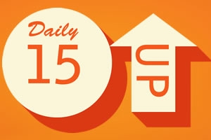 Grafika przedstawia dużą strzałkę skierowaną w górę z napisem UP oraz okrągły znak z napisem Daily 15 na pomarańczowym tle
